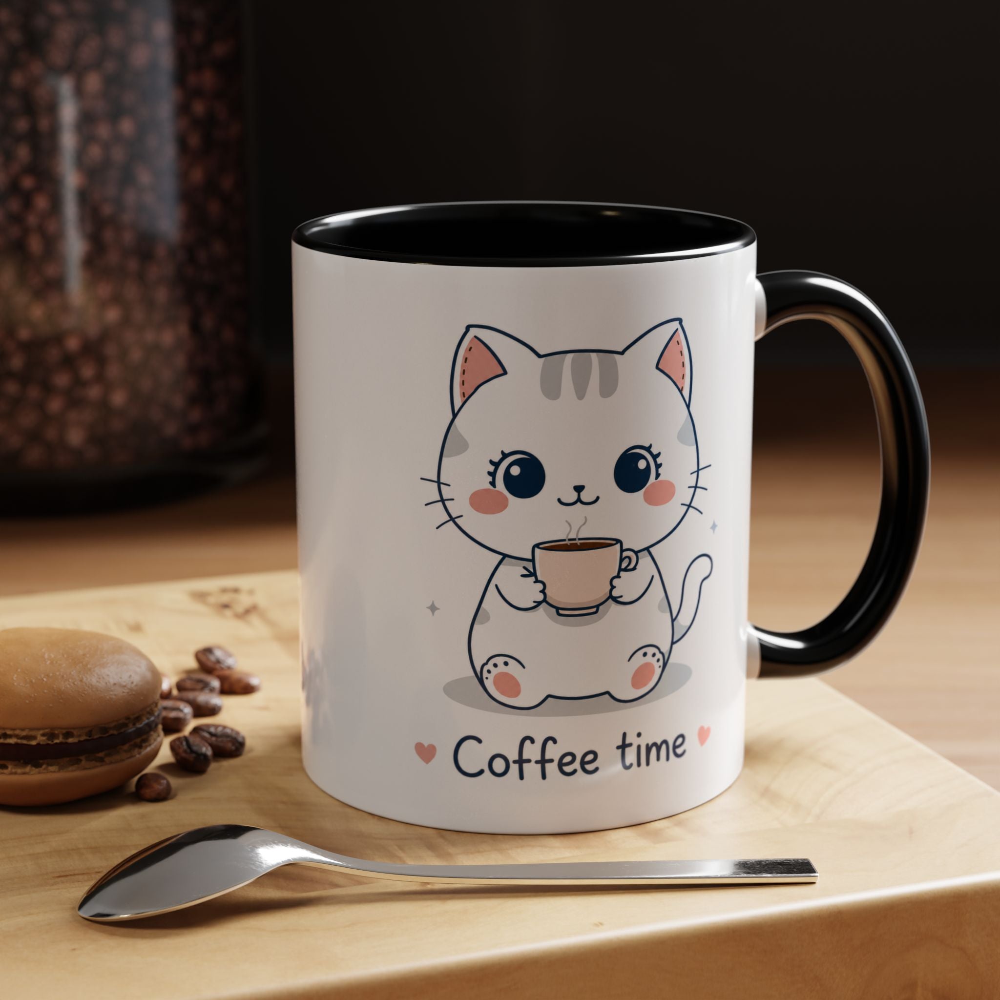 Kawaii Cat Coffee Mug | Cute 'Coffee Time' Cat Design |  Pastel Cat Mug | Cute Animal Coffee Cup