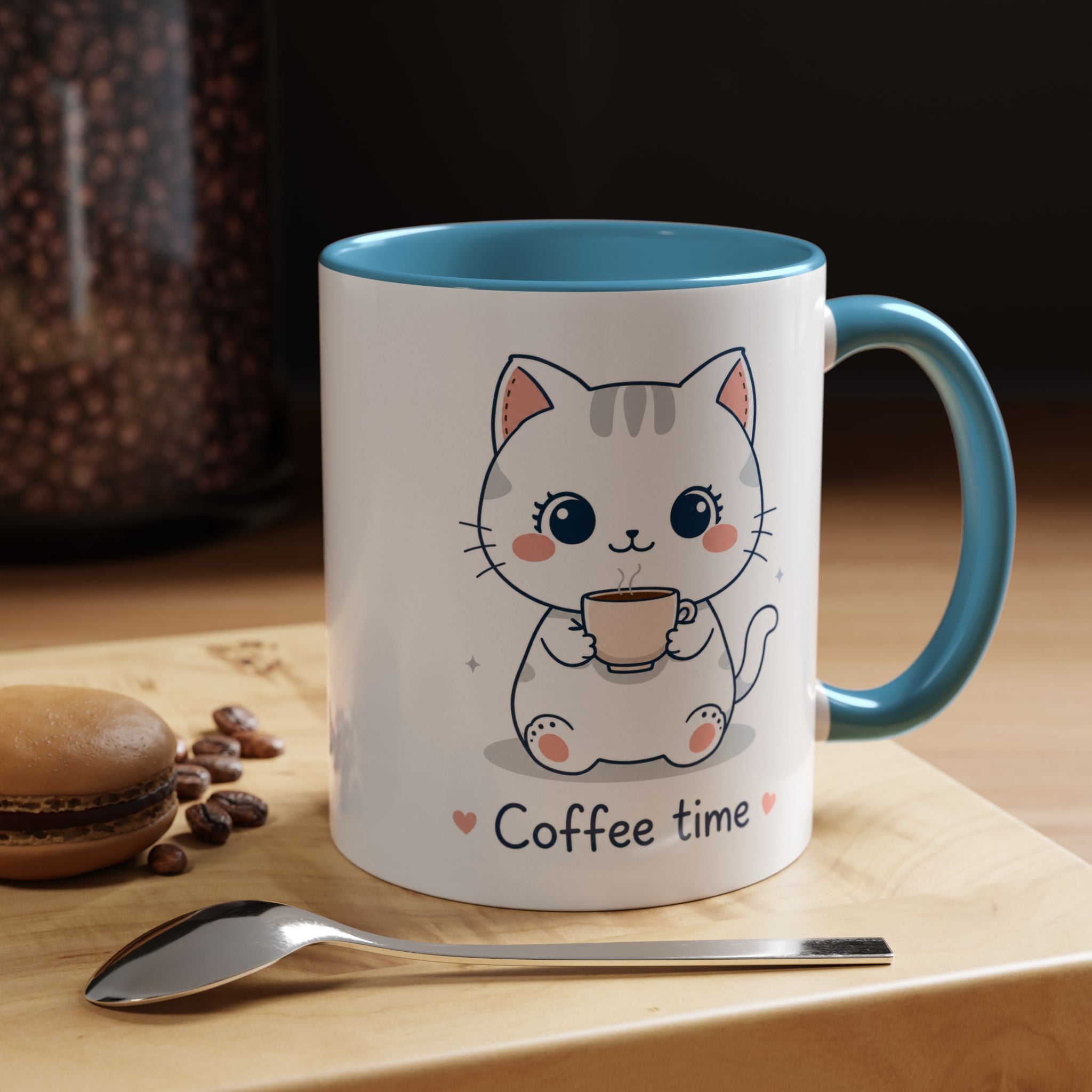 Kawaii Cat Coffee Mug | Cute 'Coffee Time' Cat Design |  Pastel Cat Mug | Cute Animal Coffee Cup