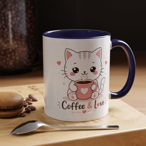 'Coffee & Love' Cat Mug | Cute Kawaii Cat Coffee Cup | Romantic Coffee Mug | Pastel Cat Mug