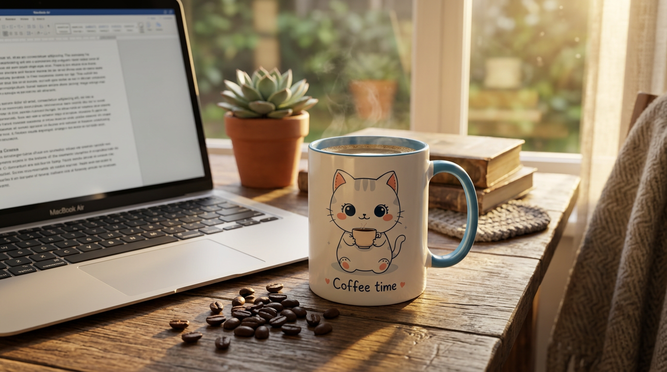 Kawaii Cat Coffee Mug | Cute 'Coffee Time' Cat Design |  Pastel Cat Mug | Cute Animal Coffee Cup