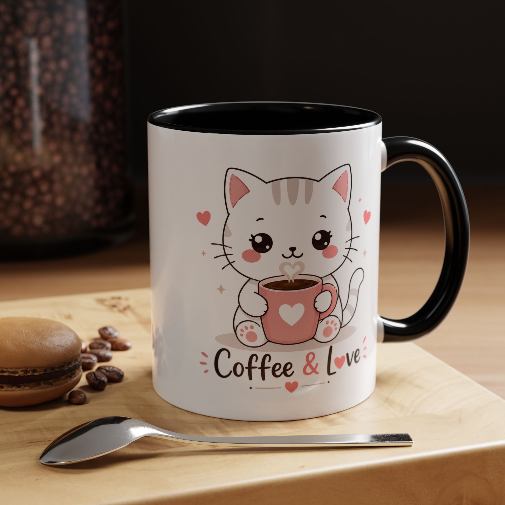 'Coffee & Love' Cat Mug | Cute Kawaii Cat Coffee Cup | Romantic Coffee Mug | Pastel Cat Mug