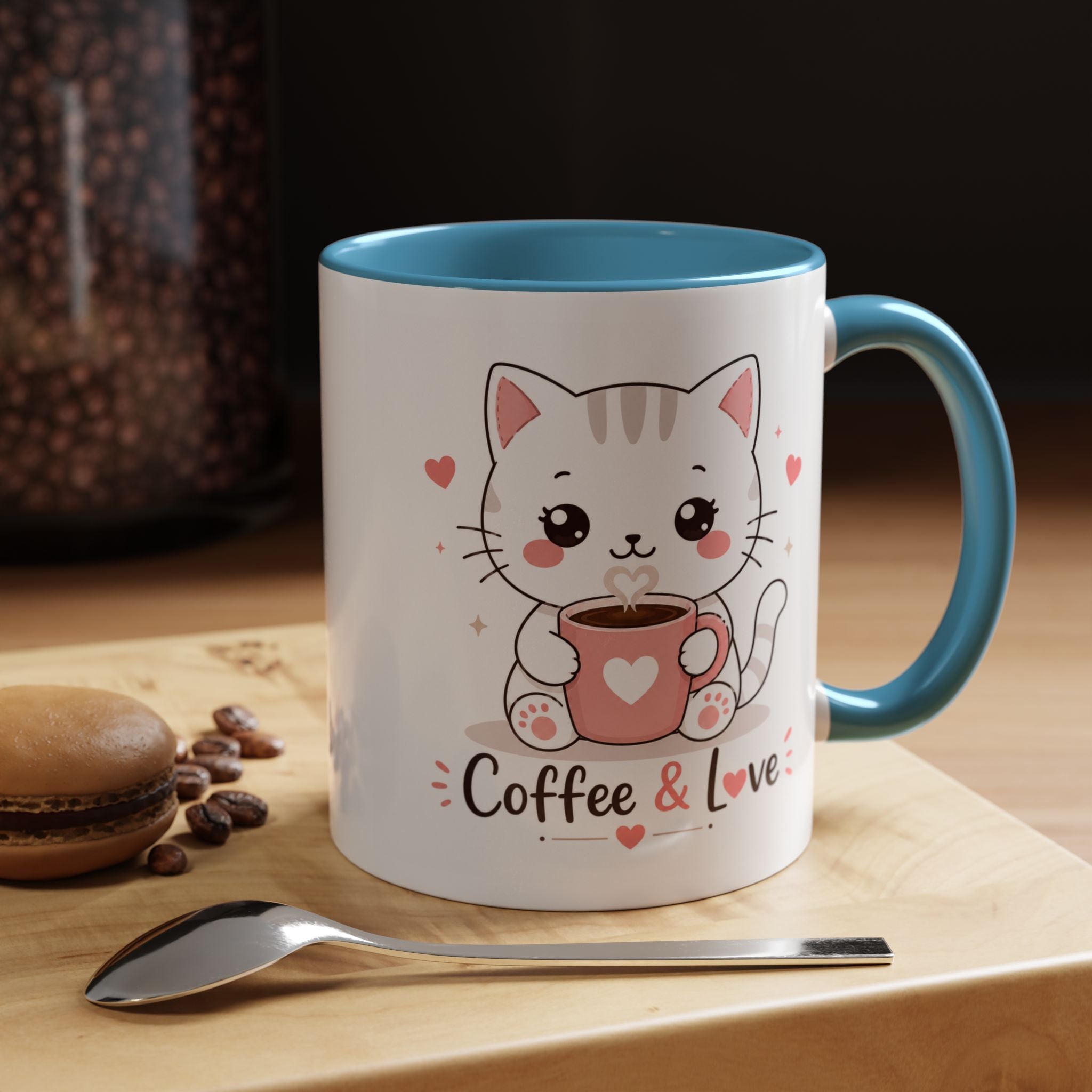 'Coffee & Love' Cat Mug | Cute Kawaii Cat Coffee Cup | Romantic Coffee Mug | Pastel Cat Mug